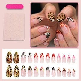 24Pcs Fall French Tip Press on Nails Medium Almond Fake Nails with Glue Autumn Reusable False Nails with Leopard Pattern Design Full Cover Artificial Glue on Nail Reusable Stick on Nail for Women