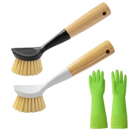 2 Pack Kitchen Dish Brush+1 Pair Reusable Rubber Gloves,Kitchen Cleaning Sets,Bamboo Handle Dish Scrubber Built-in Scraper, Scrub Brushes for Pans Pots Sink Dishwashing,Range Hood (White&Black)