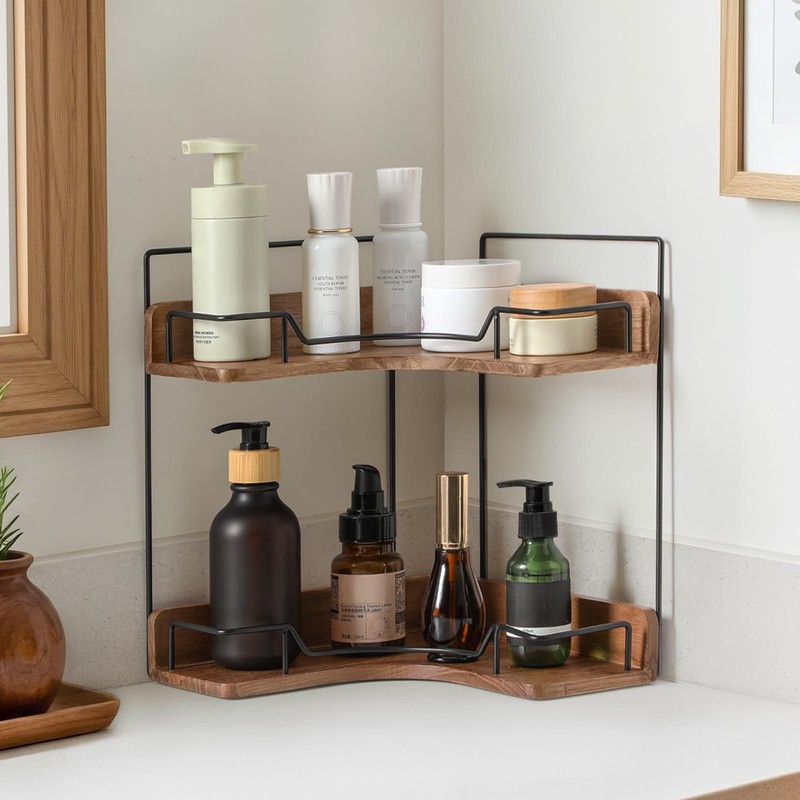 Snuvid 2-Tier Bathroom Counter Organizer, Wooden Corner Shelf for Vanity