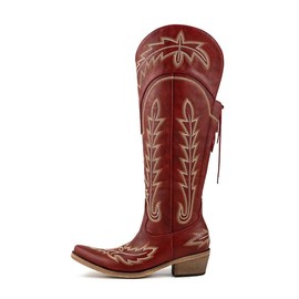 Atuelang Red Cowboy Boots for Women Knee High Wide Calf Cowgirl Boots Embroidered Pointed Toe Block Heel Pull-On Lace Up Adjustable Fancy Tall Western Boot Red Size 9