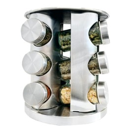 JS Gourmet Rotatable Stainless Steel Spice Seasoning Organizer Rack with 12 Glass Jars, Ideal for Storing Spices, Salt, Pepper, Sugar and Dry Ingredients