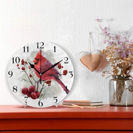 susiyo Watercolor Red Cardinals Bird Wall Clock 9.8 Inch Silent Round Wall Clock Battery Operated Non Ticking Creative Decorative Clock for Kids Living Room Bedroom Office Kitchen Home Decor