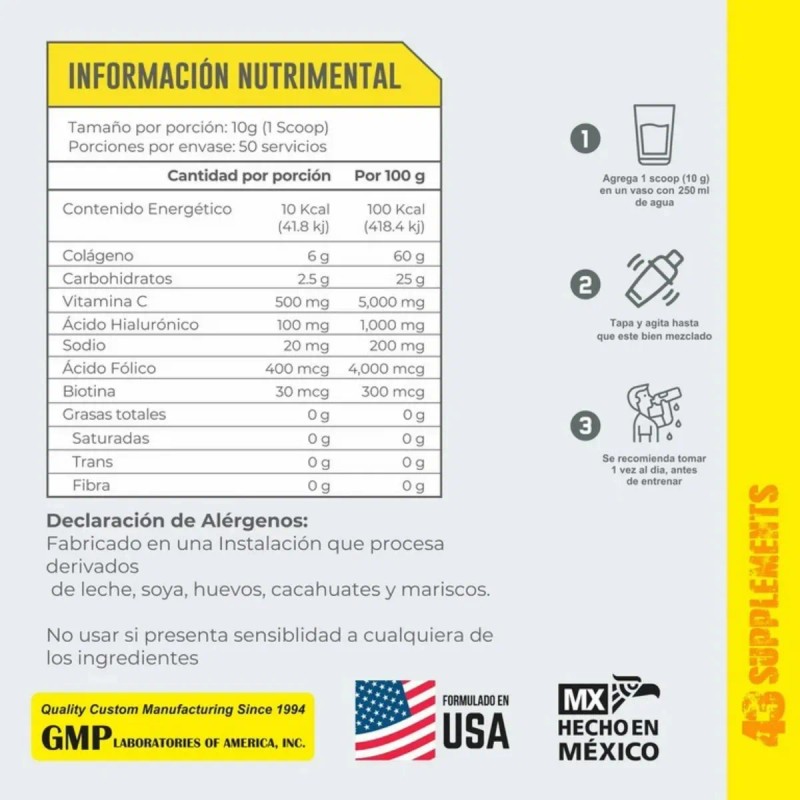 Colágeno Hidrolizado Biotina 500g Sin Sabor 43 Supplements