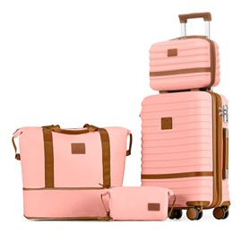 Joyway Carry On Luggage 20 Inch Expandable Suitcase with Spinner Wheel, 4 Piece Hard Shell Luggage Set with TSA Lock(Pink brown)
