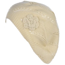 BYOS Chic Parisian Style Soft Lightweight Crochet Cutout Knit Beret Beanie Hat, Swirl Cream, One Size