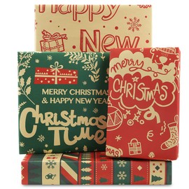 Brown Kraft Recyclable Merry Christmas Theme Wrapping Paper For Kids Family Friends, (4-Flat Sheets, 4-Designs: 20 x 28 inch Per Sheet,15 sq. ft. ttl) Gift Wrap for Winter Holidays Xmas New Year Baby