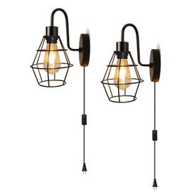 DTIEDY 2-Pack Plug in Wall Light Black Metal Cage Plug in Wall Lamps Vintage Wall Sconce with Cord On/Off Switch E26 Industrial for Kitchen Bedroom, Bulb Not Included