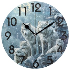 ZzWwR Winter Night Wolf Family 10 Inch Round Wall Clock, Large Battery Operated Analog Quiet Non Ticking Desk Clock for Home/Kitchen/Living Room/Bedroom/Bathroom/Office