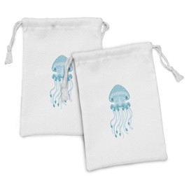 Ambesonne Aqua Jellyfish Fabric Pouch Set of 2, Print of a Single Image Marine Creature Floating Tropic Ocean Theme, Small Drawstring Bag for Toiletries Masks and Favors, 9" x 6", Pale Blue and White