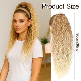 AYNKH Clip-in Ponytail, Long Wave Curl Extensions, Drawstring Wave Ponytail, Synthetic Braid Extensions, Clip-in Hair Piece, Women's Ponytail-wig, 90cm(36 inch), Natural Gold Gradient
