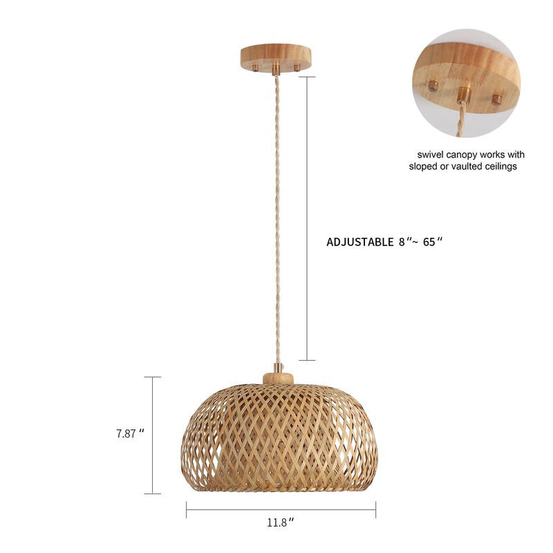 Bamboo Pendant Light Fixture One-Light Adjustable Rustic Basket Handmade Woven
