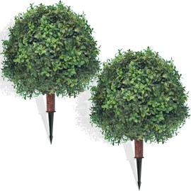 27.5" Artificial Boxwood Topiary Ball Tree with Ground Spike, Set of 2 Artificial Cedar Bushes, UV Resistant Faux Boxwoods Outdoor Plants Artificial for Porch Garden Front Porch Decor