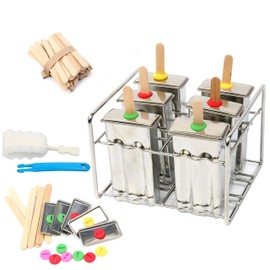 Yaekoo Set of 6 Stainless Steel Popsicle Mold and Rack Set - Homemade Ice Treat Makerwith 50 Wooden Sticks and 6 Silicone Seals and Bonus Cleaning Brush