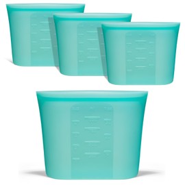 Annaklin Reusable Freezer Bags Quart Size, 4 Pack, 100% Silicone Stand Up Ziplock Reusable Silicone Food Storage Bags Sandwich Bags Containers, Freezer Microwave Oven Dishwasher Safe, Aqua, 33.8fl.oz