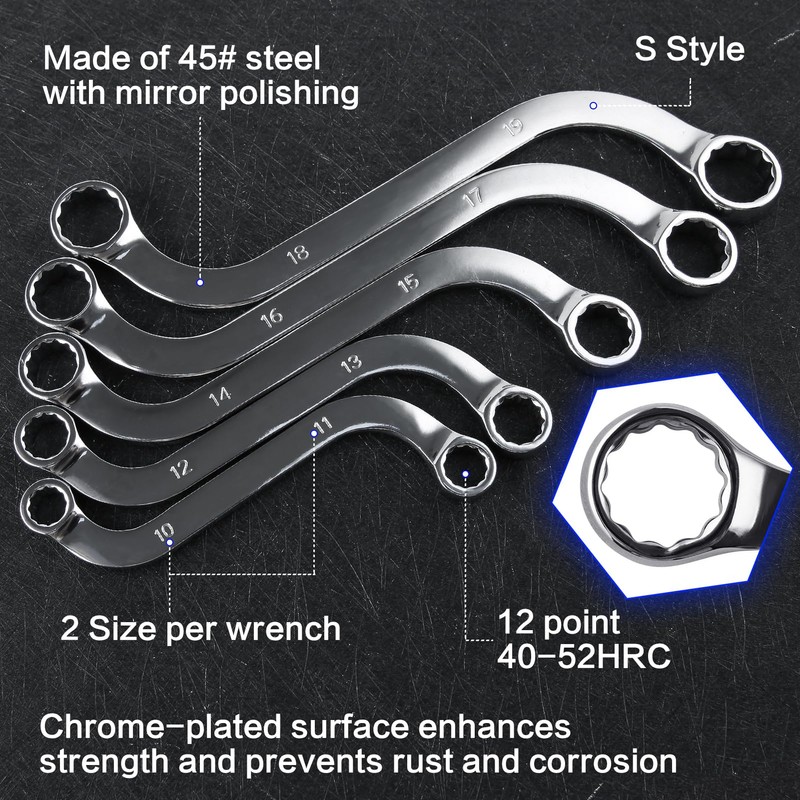 SPEEDWOX 5Pcs Metric S-Shaped Wrench Set With Double 12-Point Box