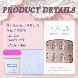 Press on Nails Short Almond White Fake Nails Blue Floral False Nails Design Silver Aurora Glossy Acrylic Nails Glue on Nails Full Cover Summer Handmade Manicure Artificial Nails for Women