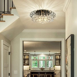 CVKASH Crystal Floral Chandelier 4-Light Antique Modern Black Flush Mount Raindrop Crystal Ceiling Lighting Fixture Chandelier for Living Room Bedroom Dining Room Entryway D17.71 H8.26