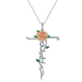 Twoowl Faith Cross Rose Necklace 925 Sterling Silver Rose Pendant Necklace Religious Jewellery Gifts for Women Girls