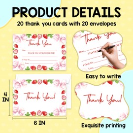 Pink Bow Thank You Cards Fill In The Blank, Thank You Notes For Kids , Strawberry Thank You Greeting Cards For Birthday Wedding Christmas Thanksgiving Baby Shower (20 Set Of Cards With Envelopes) -A02