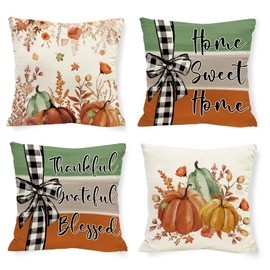Cloudfomila Fall Sweet Home Pillow Covers 18x18 Inch, Autumn Pumpkin Throw Pillows Linen Square Thankful Pillowcase Thanksgiving Harvest Decorative Farmhouse Cushion Case for Sofa Couch Set of 4