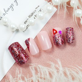 24Pcs Valentine's French Tip Press on Nails Short Square Fake Nails Silver Glitter with Pink Heart Sequins False Nails Full Cover Artificial Glue on Nails Cute Valentines Stick on Nails for Women