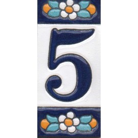 Ceramic House Tile Numbers & Letters, Blue Floral Design, Tile Size: 7.5cm x 3.5cm (Number 5)