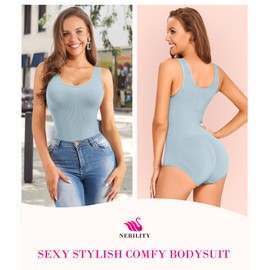 Nebility Womens' Waist Trainer Seamless Round Neck Tummy Control Shapewear Bodysuit (Light Blue, M/L)
