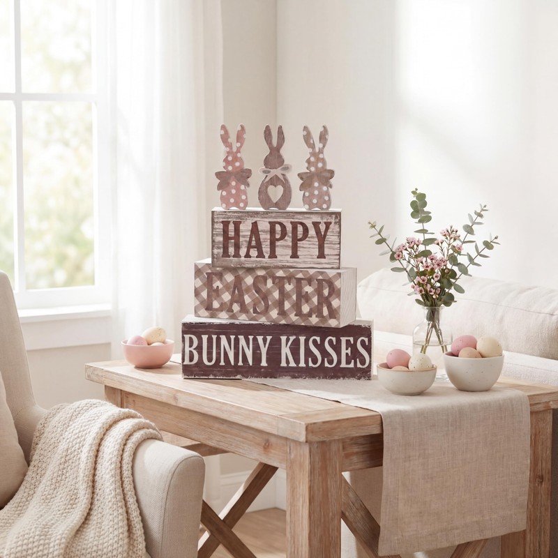 Yousoontic 5 Pcs Easter Wooden Table Decorations Bunny Tiered Tray