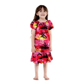 Matchable Family Hawaiian Simple Muumuu Ruffle Dress, Sunset Red, Girl, Size 4