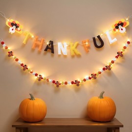 HunnmingRe Thanksgiving Garland Thankful Banner LED String Lights, 3D Felt Fall Decor for Indoor Outdoor Home Party, Front Door, Window, Wall Decorations (Turkey)