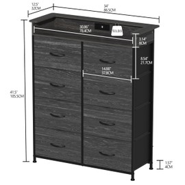Welfuturer Fabric Dresser for Bedroom with LED Light and Charing Station Tall Dresser with 8 Drawers Black Dresser & Chest of Drawer for Closet Living Room Hallway Entryway Sturdy Steel Frame Wood Top