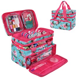 SINGER Sewing Accessories Organizer (Bag Only) – Double Layer Portable Sewing Storage Bag | 2 Detachable Pouches and 18 Compartments, Large Sewing Supplies & Crafting Carry-All (Turquoise Floral)