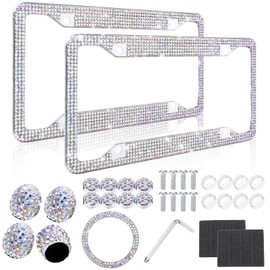 Timtin 2 Pcs Bling License Plate Frame Sparkly Rhinestone Diamond Accessories Stainless Steel Front License Plate Cover with Bling 4 Crystal Tire Valve Caps 1 Start Ring Sticker(Colorful)