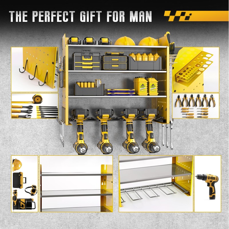 Power Tool Organizer Wall Mount with Charging Station, 4 Layers