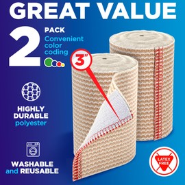 Premium Elastic Bandage Wrap - 3” (2pk) - Strong Compression - Self-Closing Reusable Bandages for Legs and Arms - Wrist, Elbow, Foot, Ankle, Knee Wrap - for First Aid Kit and After Surgery Recovery