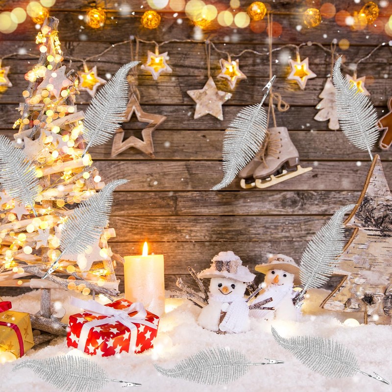 Suloli Silver Feather Christmas Tree Decorations - 10PCS Clip On,