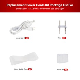 Shine Decor 5FT Power Cord Kit, Replacement for 120 VAC Single White IP65 Waterproof Connectable 11.5x7.5mm Eco LED Strip Lights Only, Pack of 3 with Pins End Caps and Heatshrink Tubes