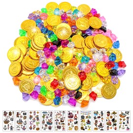 Gold Coins Pirate Treasure, 160 Pieces Gold Coins Gemstones Children, 50 Gold Coins Play Money + 100 Gemstones for Children + 10 Pirate Stickers Pirate Children's Birthday, Treasure Chest Children's