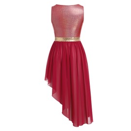 AFAVOM Women Metallic Sequin Praise Dance Dress Asymmetric Ruffle Chiffon Overlay Dress Sleeveless Irregular Hem Liturgical Lyrical Dance Dress Worship Dancewear Costume Wine Red 2XL