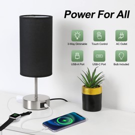Yarra-Decor 【Upgraded Bedside Lamp with USB A+C Charging Ports & AC Outlet Touch Control Table Lamp for Bedroom 3 Way Dimmable Nightstand Lamp with Black Shade for Home,Office, Dorm(Bulb Included)