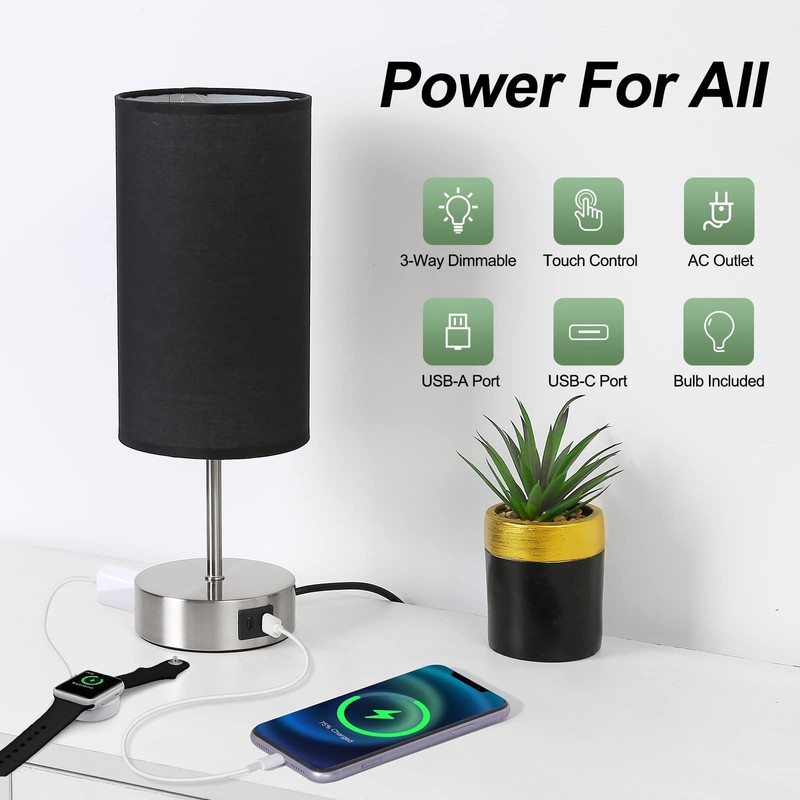 Yarra-Decor 【Upgraded Bedside Lamp with USB A+C Charging Ports &