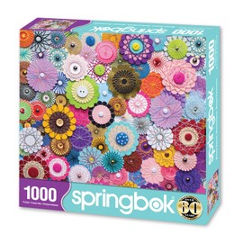 Springbok's Bloomin Buttons 1000 Piece Jigsaw Puzzle for Adults by artist Linda Stewart Features a Photo of a Floral Composition made from Buttons and Paper
