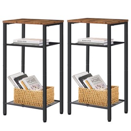 Hoctieon 2-Set 3 Tier End Table, Telephone Table Set of 2, Tall Side Table with Storage Set of 2, Small Nightstand for Small Spaces, Metal Frame, for Living Room, Bedroom, Sofa Couch, Rustic Brown