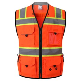 JKSafety Hi-Vis Unisex Surveyor Safety Vest Heavy Duty PPE Inner Pockets ANSI/ISEA Compliant (188-Orange L)