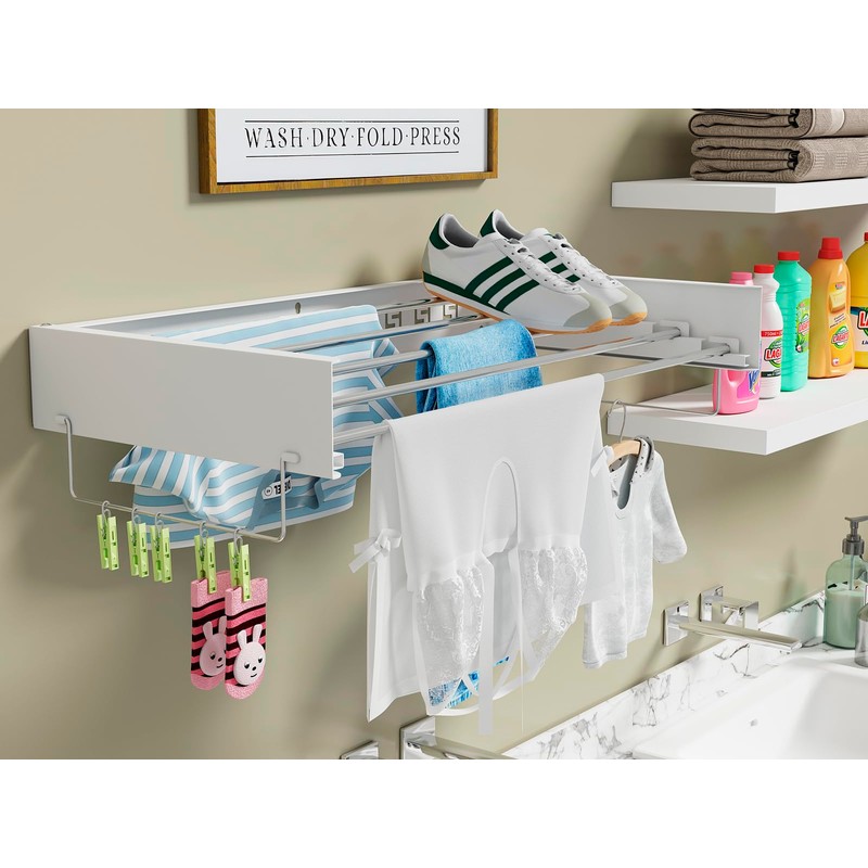SKIKEN Wall Mounted Hidden Clothes Drying Rack - Pull-Out Laundry