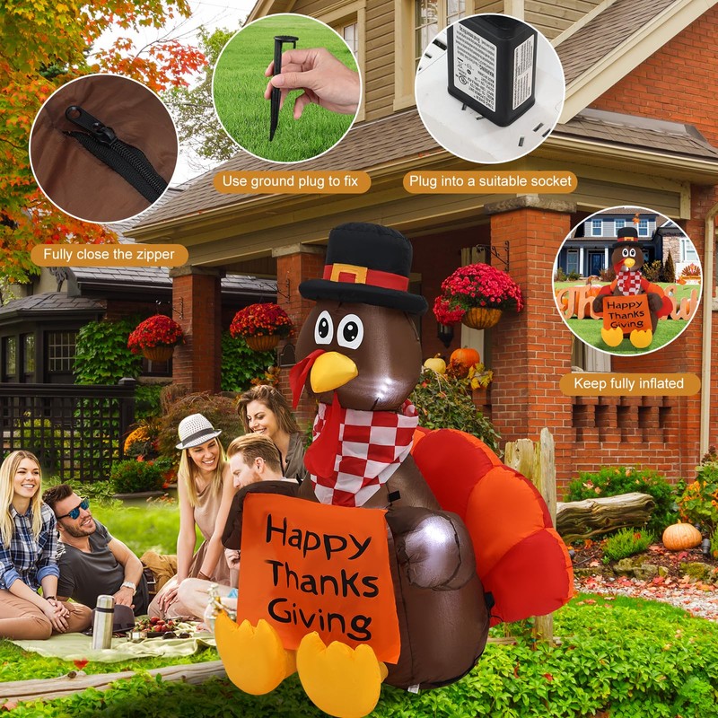 InfleasJoiy 4 FT Pull Banner Turkey Thanksgiving Inflatable Decoration with