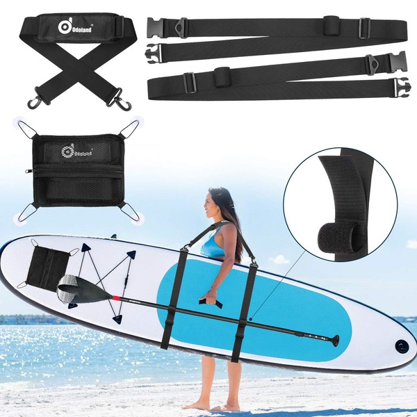 Odoland Paddle Board SUP Carry Strap with Deck Bag, Adjustable Heavy-Duty Carrying Shoulder Belt, Stand Up Paddle Board Carrier Storage Sling for Surfboards, Paddleboards, Longboards and Kayaks