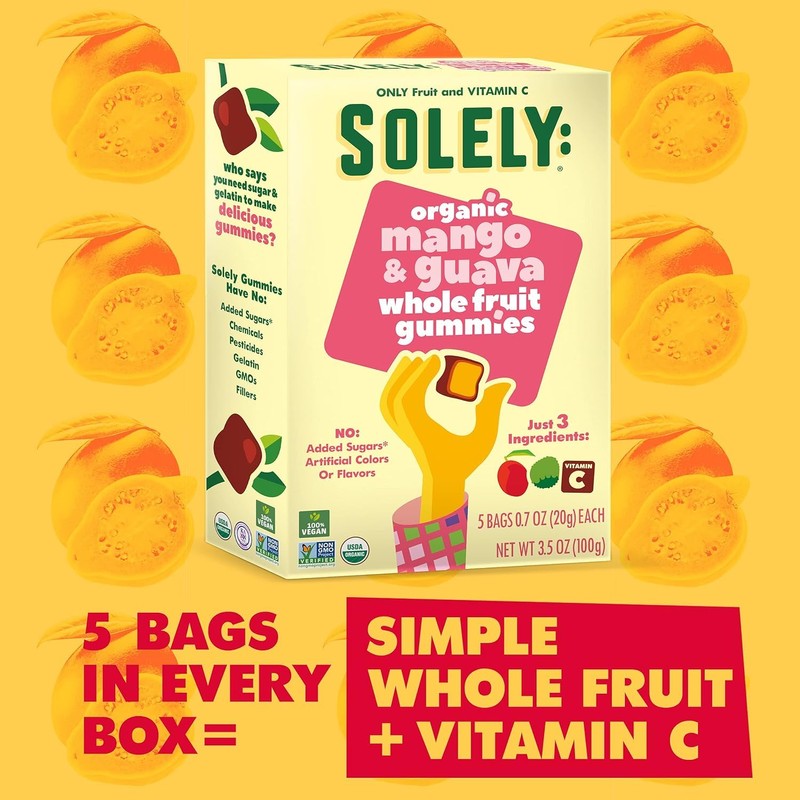 SOLELY Organic Fruit Gummies Variety Pack, Mango, Orange, Guaba, and