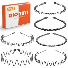 OioTuyi 6 Stück Metall Haarband, Unisex Haarreifen für Männer & Herren, Welle Metall Stirnband, Rutschfeste Zähne, Schwarz Multi-Stil für Outdoor Sports Yoga