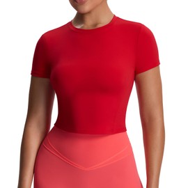 Aoxjox Women's Workout Short Sleeve T-Shirts Crew Neck Baby Tee Without Padded Athletic Gym Yoga Crop Tops (Racing Red, X-Large)